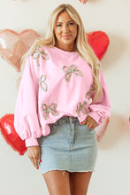 Load image into Gallery viewer, Light Pink Embroidered Bow Lantern Sleeve Oversized Pullover Sweatshirt