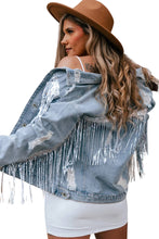 Load image into Gallery viewer, Sky Blue Sequin Embellished Fringe Distressed Denim Jacket