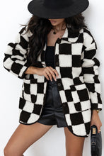 Load image into Gallery viewer, Black Checkered Side Pockets Collared Buttoned Fleece Jacket