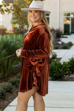 Load image into Gallery viewer, Coffee Plus Size V Neck Collared Pleated Back Rounded Hem Velvet Dress