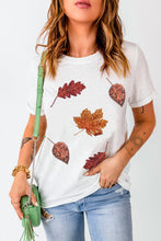 Load image into Gallery viewer, White Halloween Sequined Leaves Graphic Crew Neck T Shirt