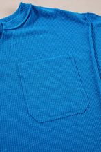 Load image into Gallery viewer, Blue Ribbed Exposed Seam Knit V Neck Long Sleeve Top