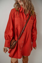 Load image into Gallery viewer, Tomato Red Bishop Sleeve Button Up Pleated Mini Shirt Dress