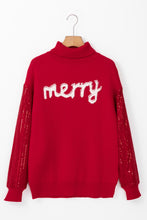 Load image into Gallery viewer, Racing Red Merry Graphic Sequin Sleeve Turtleneck Sweater