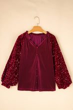 Load image into Gallery viewer, Red Dahlia Sequin Patchwork Sleeve Button Up Velvet Top