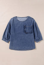 Load image into Gallery viewer, Sky Blue 3/4 Sleeve Ruffled Patched Pocket Denim Blouse