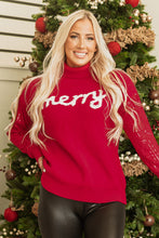 Load image into Gallery viewer, Racing Red Merry Graphic Sequin Sleeve Turtleneck Sweater