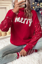 Load image into Gallery viewer, Racing Red Merry Graphic Sequin Sleeve Turtleneck Sweater