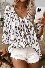 Load image into Gallery viewer, Khaki Leopard Print Ruched V Neck 3/4 Sleeve Blouse