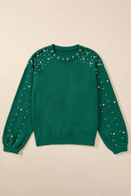 Load image into Gallery viewer, Evergreen Pearled Drop Shoulder Round Neck Sweater
