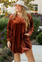 Load image into Gallery viewer, Coffee Plus Size V Neck Collared Pleated Back Rounded Hem Velvet Dress