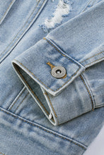 Load image into Gallery viewer, Sky Blue Sequin Embellished Fringe Distressed Denim Jacket
