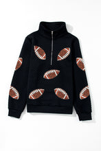 Load image into Gallery viewer, Black Sequin Rugby Football Patched Quarter Zip Textured Sweatshirt