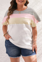 Load image into Gallery viewer, White Colorblock Patchwork Batwing Sleeve Ribbed Plus T Shirt