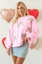 Load image into Gallery viewer, Light Pink Embroidered Bow Lantern Sleeve Oversized Pullover Sweatshirt