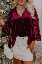 Load image into Gallery viewer, Red Dahlia Sequin Patchwork Sleeve Button Up Velvet Top