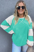 Load image into Gallery viewer, Aruba Blue Colorblock Patchwork Cross Seam Plus Sweatshirt