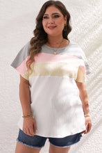 Load image into Gallery viewer, White Colorblock Patchwork Batwing Sleeve Ribbed Plus T Shirt