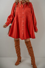 Load image into Gallery viewer, Tomato Red Bishop Sleeve Button Up Pleated Mini Shirt Dress