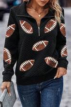 Load image into Gallery viewer, Black Sequin Rugby Football Patched Quarter Zip Textured Sweatshirt