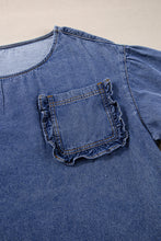 Load image into Gallery viewer, Sky Blue 3/4 Sleeve Ruffled Patched Pocket Denim Blouse
