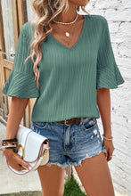 Load image into Gallery viewer, Grass Green Ruffled Half Sleeve V Neck Textured Top