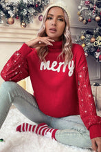 Load image into Gallery viewer, Racing Red Merry Graphic Sequin Sleeve Turtleneck Sweater