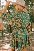 Load image into Gallery viewer, Green Floral Print Drawstring Tunic Flowy Short Dress