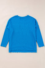 Load image into Gallery viewer, Blue Ribbed Exposed Seam Knit V Neck Long Sleeve Top