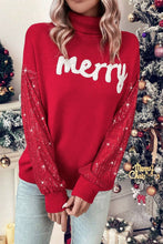 Load image into Gallery viewer, Racing Red Merry Graphic Sequin Sleeve Turtleneck Sweater