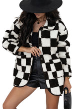 Load image into Gallery viewer, Black Checkered Side Pockets Collared Buttoned Fleece Jacket