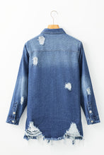 Load image into Gallery viewer, Sky Blue Light Wash Distressed Frayed Long Denim Jacket