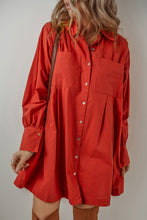 Load image into Gallery viewer, Tomato Red Bishop Sleeve Button Up Pleated Mini Shirt Dress