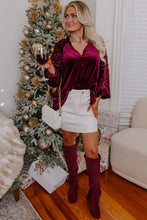 Load image into Gallery viewer, Red Dahlia Sequin Patchwork Sleeve Button Up Velvet Top