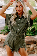Load image into Gallery viewer, Moss Green Distressed Frayed Denim Romper