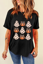 Load image into Gallery viewer, Black Halloween Ghost Pumpkin Print Crew Neck T Shirt