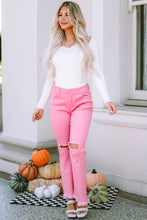 Load image into Gallery viewer, Pink Vintage High Waist Flare Leg Ripped Raw Hem Jeans