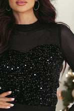Load image into Gallery viewer, Black Sequin Velvet Sheer Mesh Mock Neck Blouse