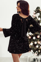 Load image into Gallery viewer, Black Sequin Long Sleeve Knot Cutout Back Mini Dress