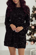 Load image into Gallery viewer, Black Sequin Long Sleeve Knot Cutout Back Mini Dress
