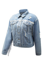 Load image into Gallery viewer, Sky Blue Sequin Embellished Fringe Distressed Denim Jacket