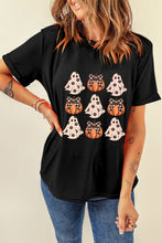 Load image into Gallery viewer, Black Halloween Ghost Pumpkin Print Crew Neck T Shirt