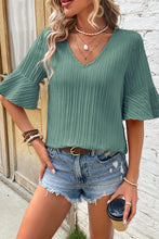 Load image into Gallery viewer, Grass Green Ruffled Half Sleeve V Neck Textured Top