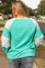 Load image into Gallery viewer, Aruba Blue Colorblock Patchwork Cross Seam Plus Sweatshirt