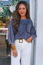 Load image into Gallery viewer, Sky Blue 3/4 Sleeve Ruffled Patched Pocket Denim Blouse