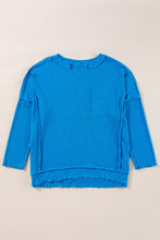 Load image into Gallery viewer, Blue Ribbed Exposed Seam Knit V Neck Long Sleeve Top