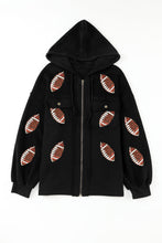 Load image into Gallery viewer, Black Sequined Rugby Football Pattern Pocketed Zipper Hooded Jacket
