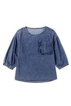 Load image into Gallery viewer, Sky Blue 3/4 Sleeve Ruffled Patched Pocket Denim Blouse

