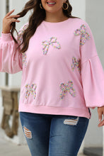 Load image into Gallery viewer, Light Pink Embroidered Bow Lantern Sleeve Oversized Pullover Sweatshirt
