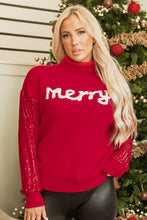 Load image into Gallery viewer, Racing Red Merry Graphic Sequin Sleeve Turtleneck Sweater
